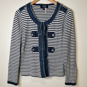 FDJ Nautical Striped Navy & White Knit Cardigan With Denim Trim & Silver Details